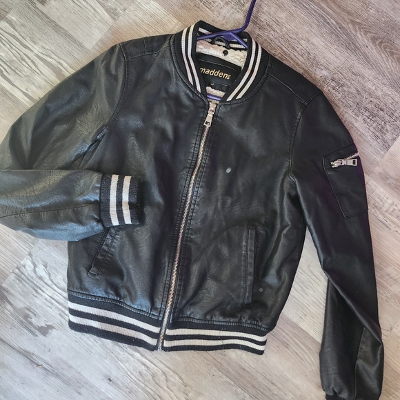 Madden NYC Faux Black Leather Bomber Jacket - Picture 1 of 11